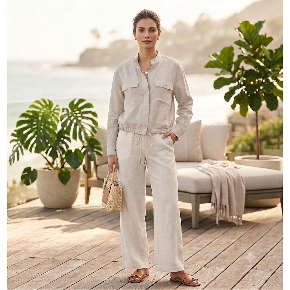 NWOT Magaschoni Linen Basic Jacket Drawstring Waist Button‎ Cropped L Summer